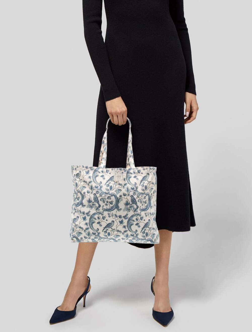 Sézane Antoinette Poisson Tote Bag Bird Print Blue & White